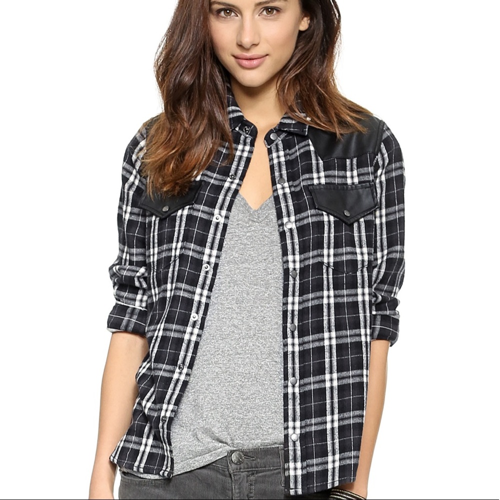 Current/Elliott The Western Shirt Houston Plaid W/ Faux Leather SZ 1 Small